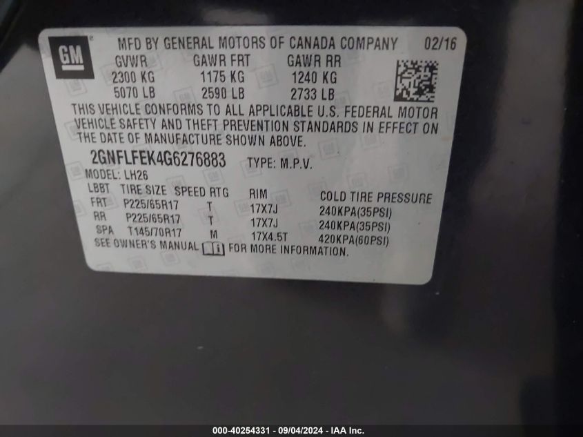 2016 CHEVROLET EQUINOX LT - 2GNFLFEK4G6276883