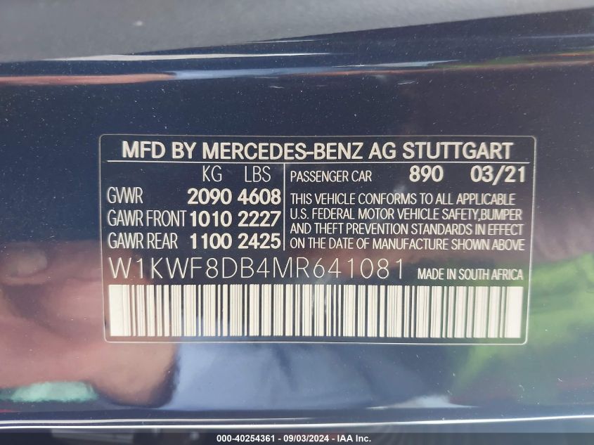 2021 Mercedes-Benz C 300 Sedan VIN: W1KWF8DB4MR641081 Lot: 40254361