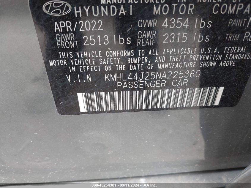 2022 Hyundai Sonata Sel Plus VIN: KMHL44J25NA225360 Lot: 40254381