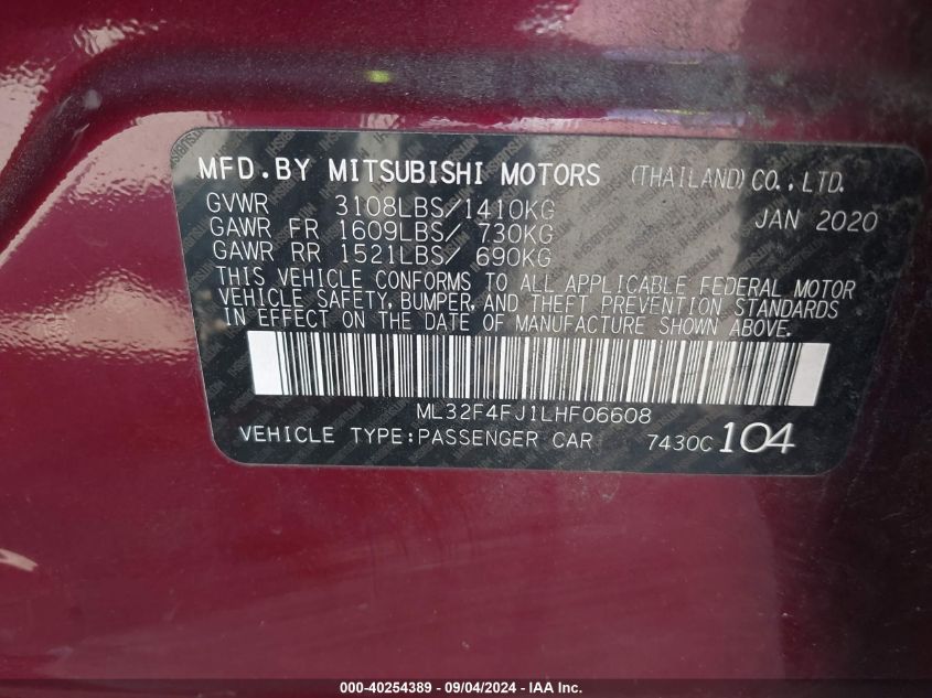 ML32F4FJ1LHF06608 2020 Mitsubishi Mirage G4 Le