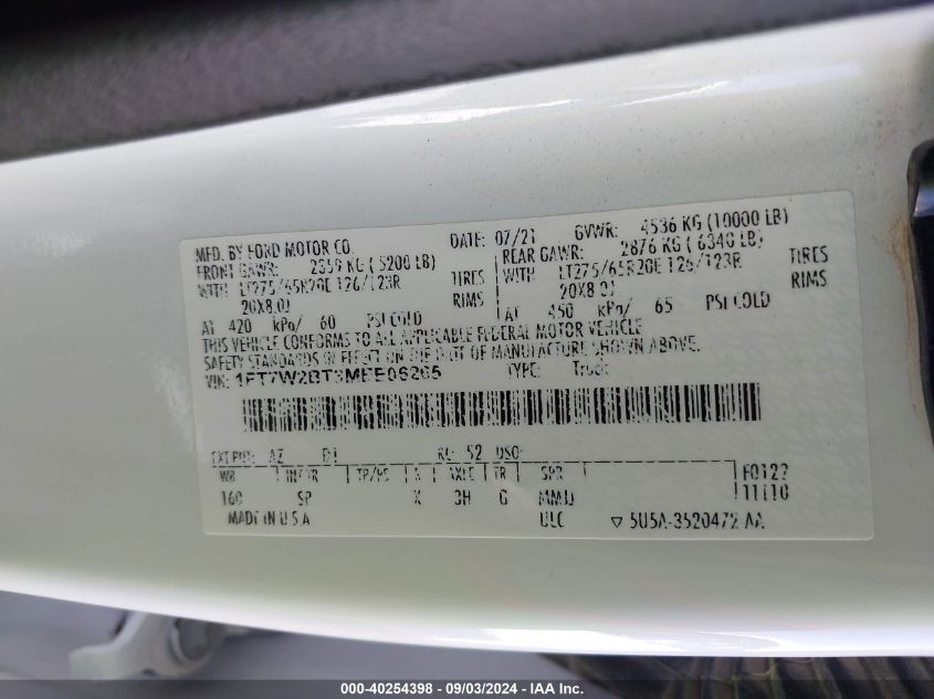 2021 Ford F-250 King Ranch VIN: 1FT7W2BT3MEE06265 Lot: 40254398