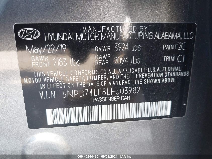 2020 Hyundai Elantra Se VIN: 5NPD74LF8LH503982 Lot: 40254430