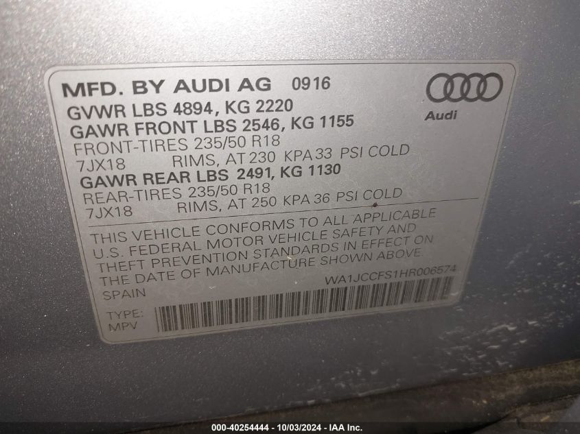 WA1JCCFS1HR006574 2017 Audi Q3 2.0T Premium