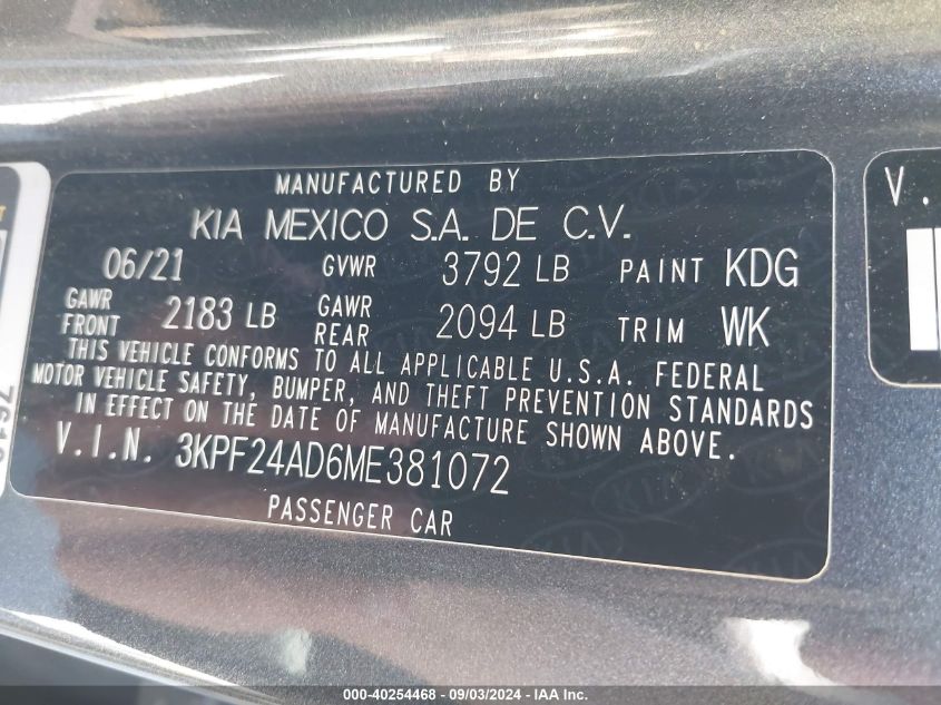 2021 Kia Forte Lxs VIN: 3KPF24AD6ME381072 Lot: 40254468