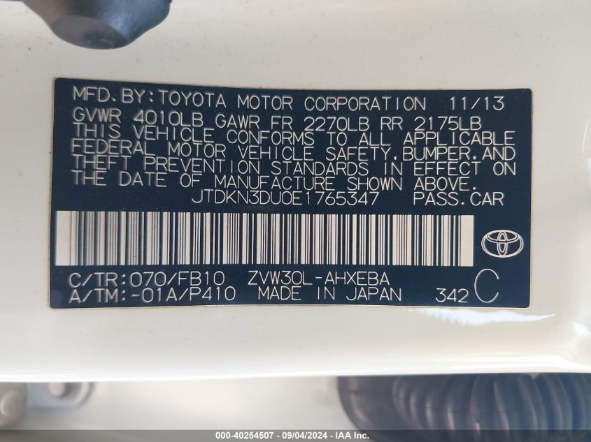 JTDKN3DU0E1765347 2014 Toyota Prius Three