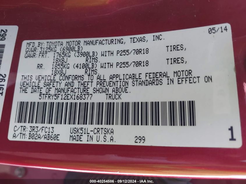 5TFRY5F12EX168377 2014 Toyota Tundra Sr5 5.7L V8