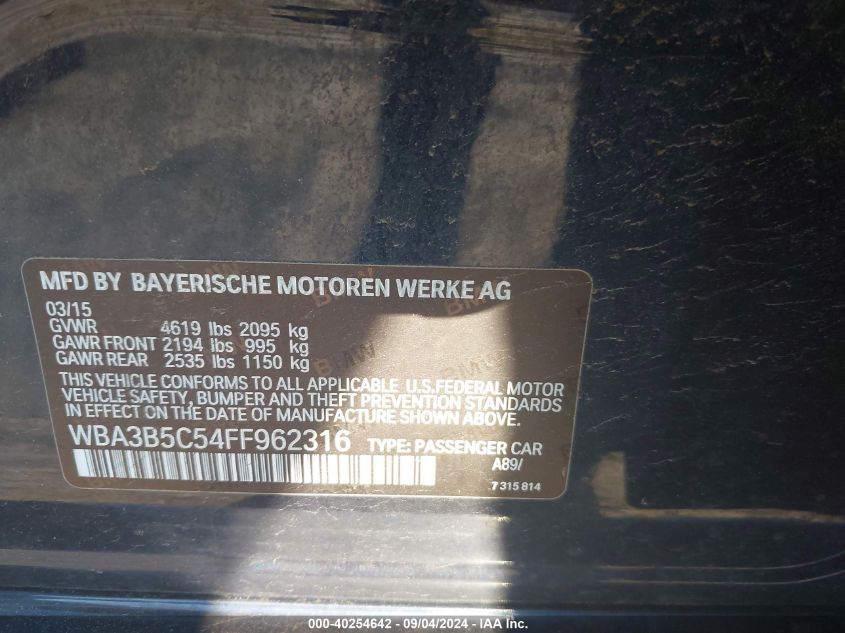 2015 BMW 328 Xi Sulev VIN: WBA3B5C54FF962316 Lot: 40254642