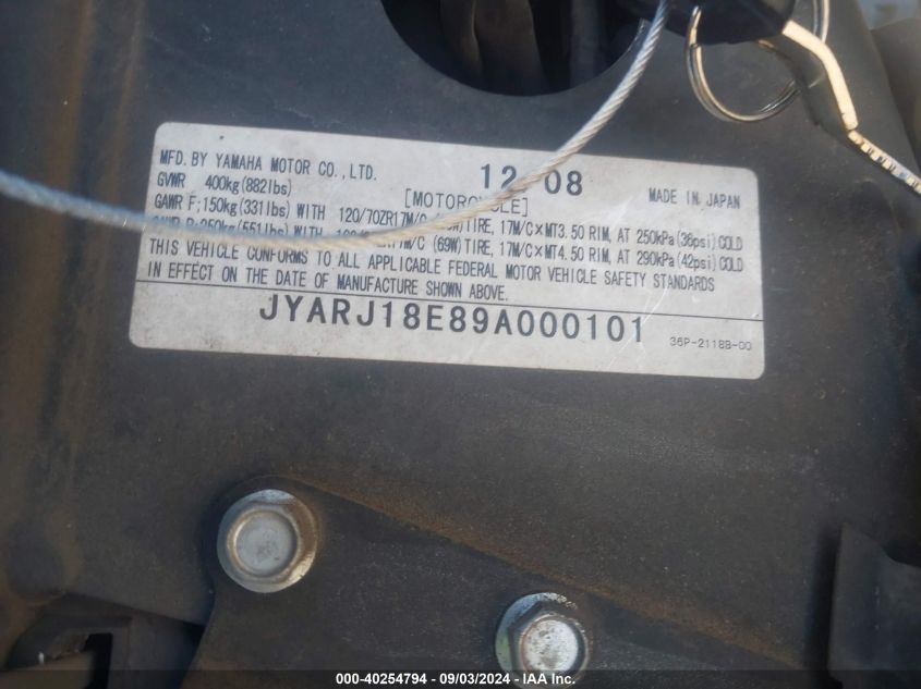 2009 Yamaha Fz6 R VIN: JYARJ18E89A000101 Lot: 40254794