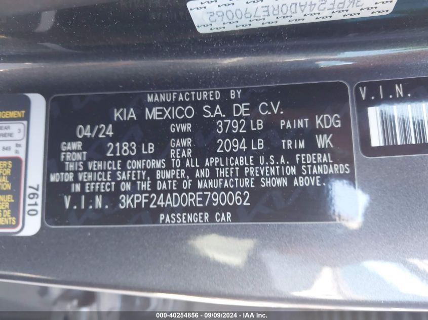 2024 Kia Forte Lxs VIN: 3KPF24AD0RE790062 Lot: 40254856