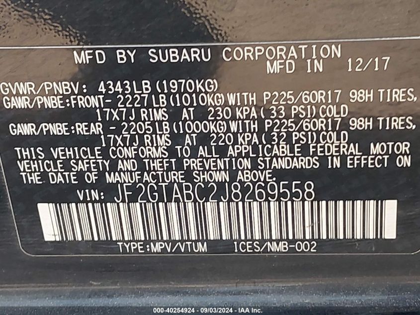 JF2GTABC2J8269558 2018 Subaru Crosstrek 2.0I Premium