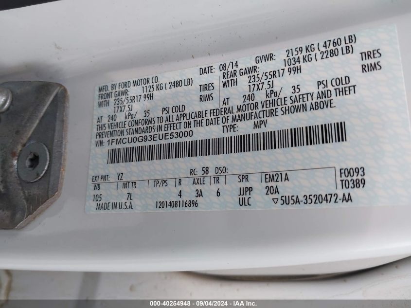 1FMCU0G93EUE53000 2014 Ford Escape Se