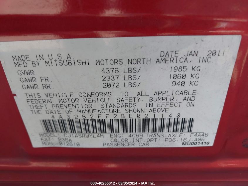 2011 Mitsubishi Galant Fe VIN: 4A32B2FF2BE021140 Lot: 40255012