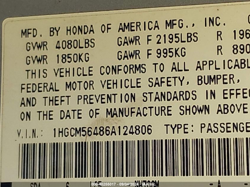 2006 Honda Accord 2.4 Lx VIN: 1HGCM56486A124806 Lot: 40255017