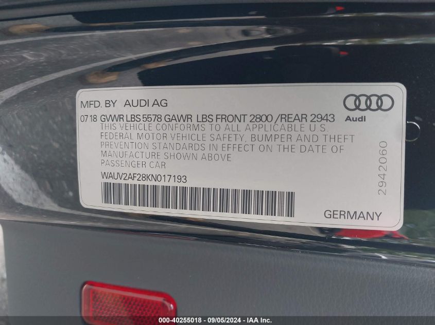 WAUV2AF28KN017193 2019 Audi A7 55 Premium