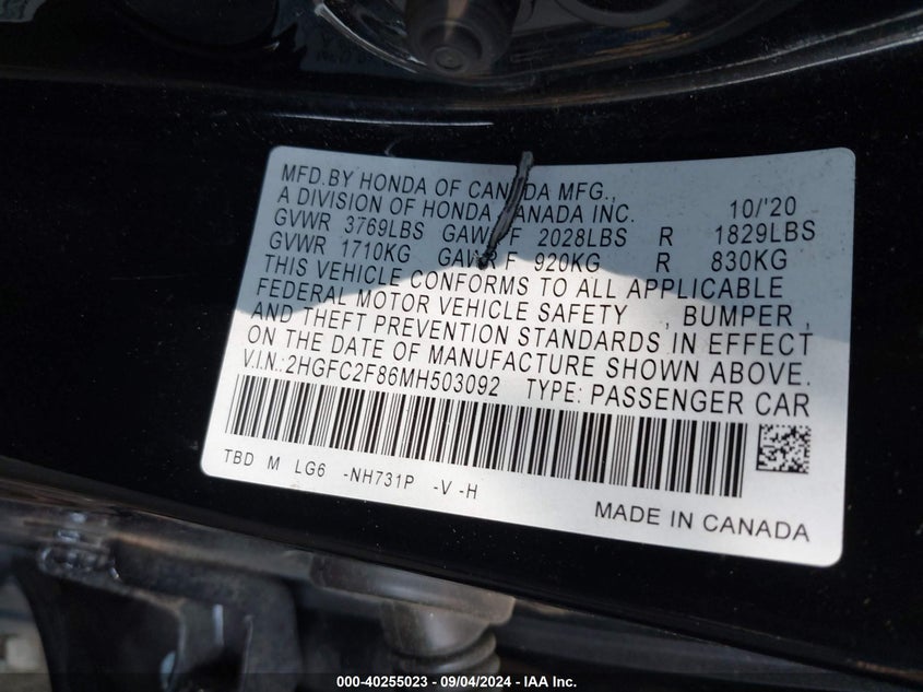 2021 HONDA CIVIC SPORT - 2HGFC2F86MH503092