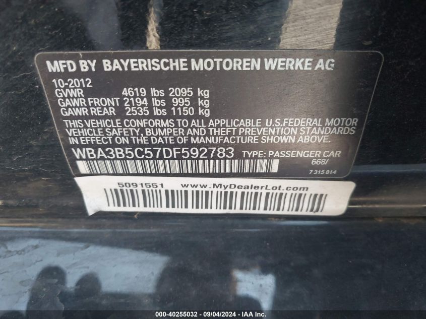 2013 BMW 328I xDrive VIN: WBA3B5C57DF592783 Lot: 40255032