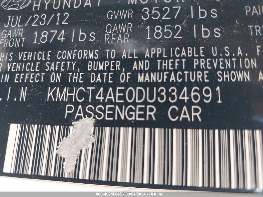 KMHCT4AE0DU334691 2013 Hyundai Accent Gls