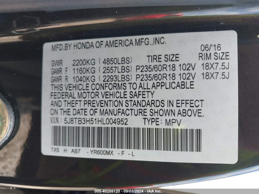 2017 Acura Rdx Technology Acurawatch Plus Packages/W/Technology Package VIN: 5J8TB3H51HL004952 Lot: 40255120