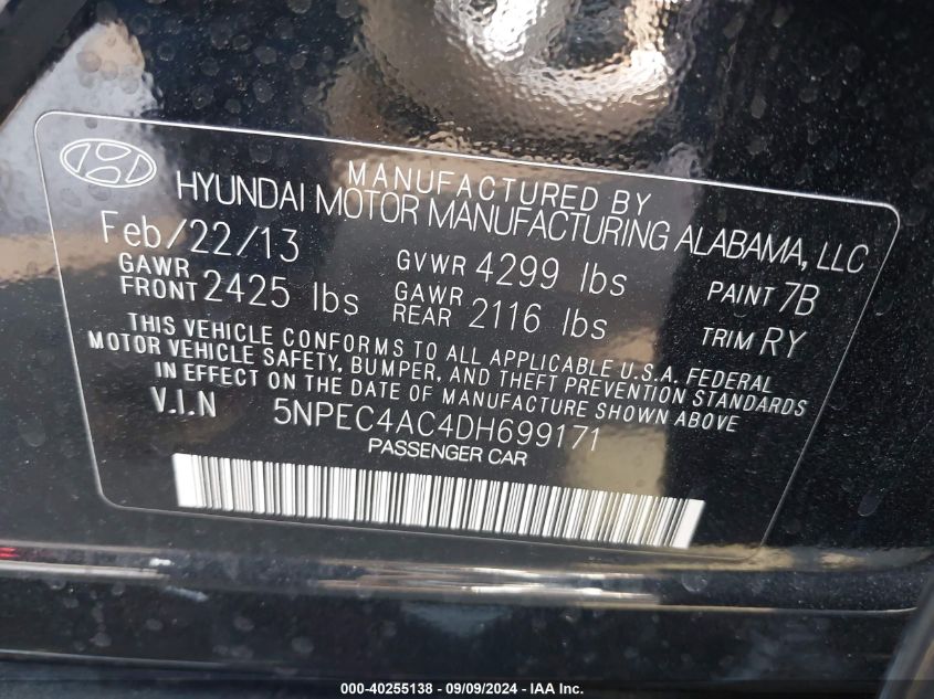 2013 Hyundai Sonata Limited VIN: 5NPEC4AC4DH699171 Lot: 40255138