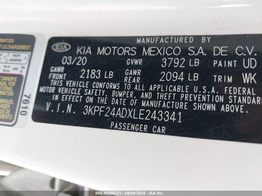 2020 Kia Forte Fe/Lxs VIN: 3KPF24ADXLE243341 Lot: 40255221