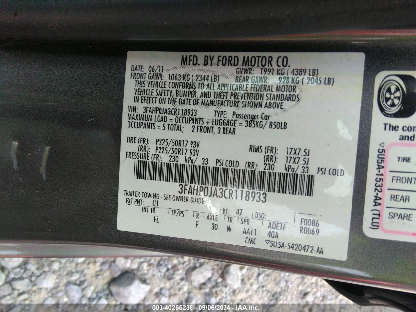 2012 Ford Fusion Sel VIN: 3FAHP0JA3CR118933 Lot: 40255238