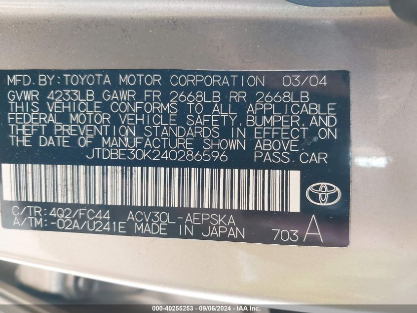 JTDBE30K240286596 2004 Toyota Camry Se