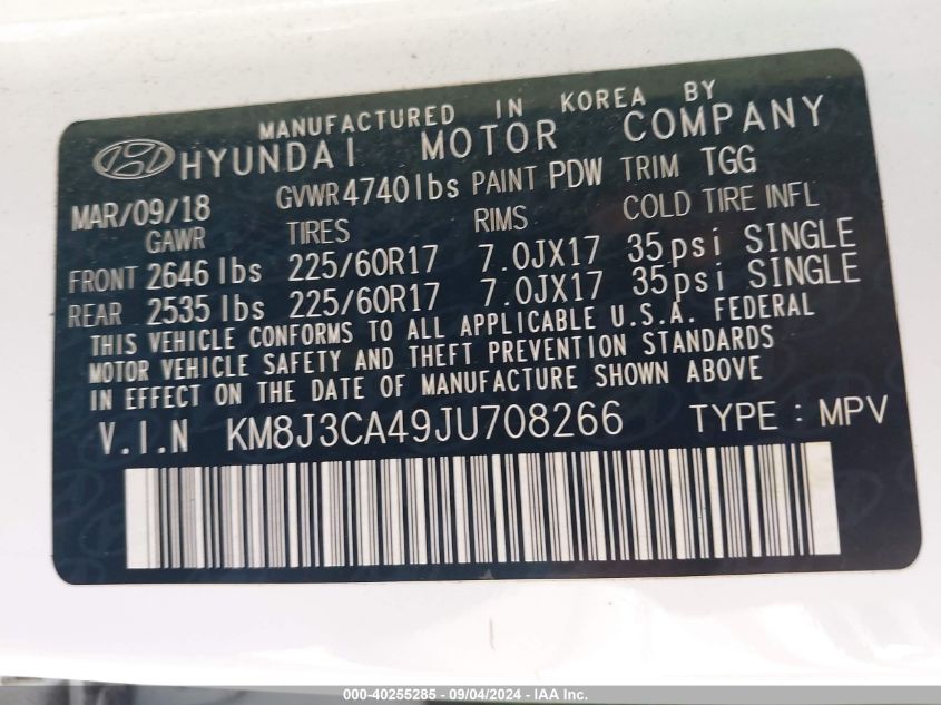 KM8J3CA49JU708266 2018 Hyundai Tucson Limited/Sport And Eco/Se