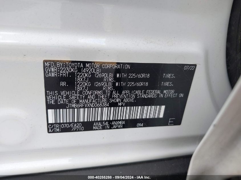 2022 Toyota Rav4 Hybrid Xle Premium VIN: JTMB6RFVXND068384 Lot: 40255288