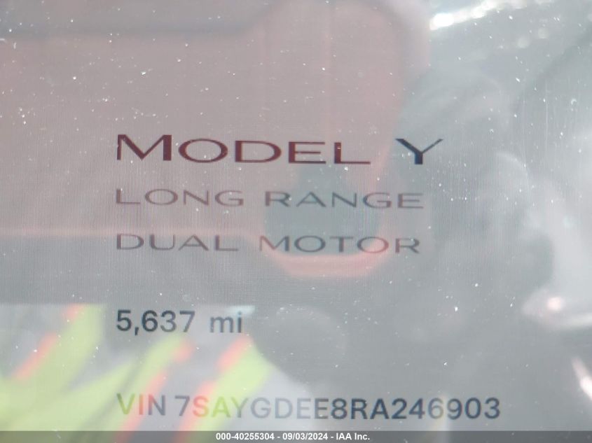 2024 Tesla Model Y Long Range Dual Motor All-Wheel Drive VIN: 7SAYGDEE8RA246903 Lot: 40255304