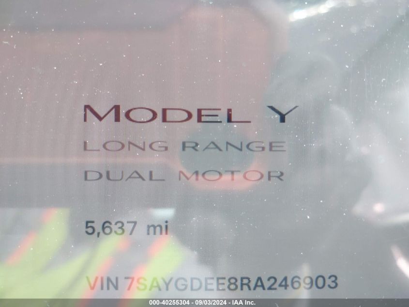 2024 Tesla Model Y Long Range Dual Motor All-Wheel Drive VIN: 7SAYGDEE8RA246903 Lot: 40255304