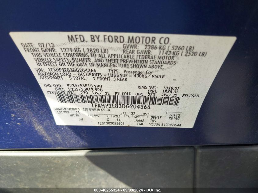 1FAHP2E83DG204366 2013 Ford Taurus Sel