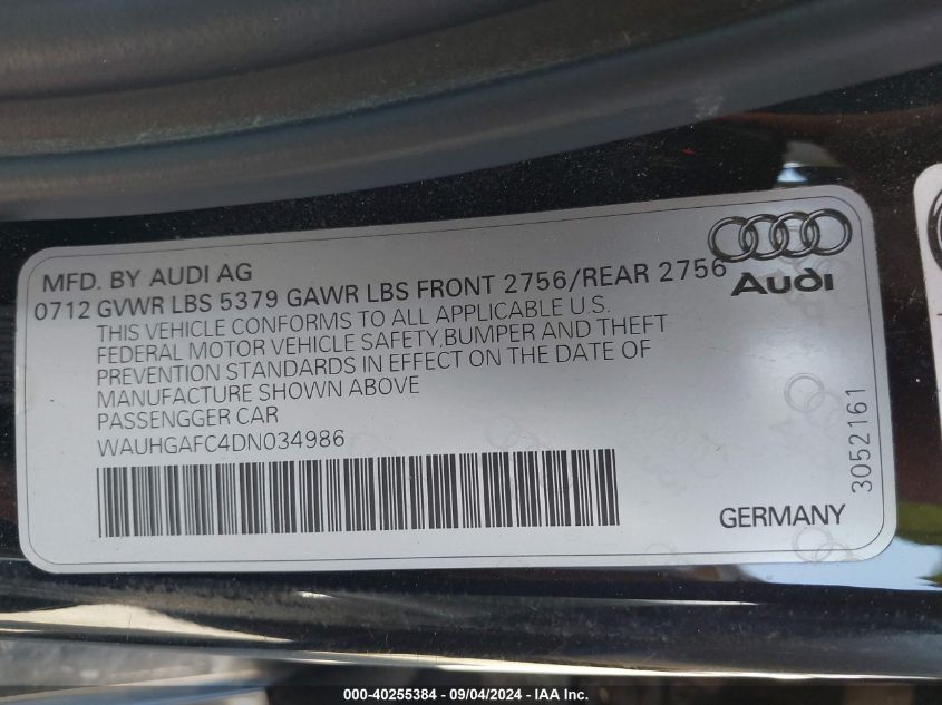 2013 Audi A6 3.0T Premium VIN: WAUHGAFC4DN034986 Lot: 40255384