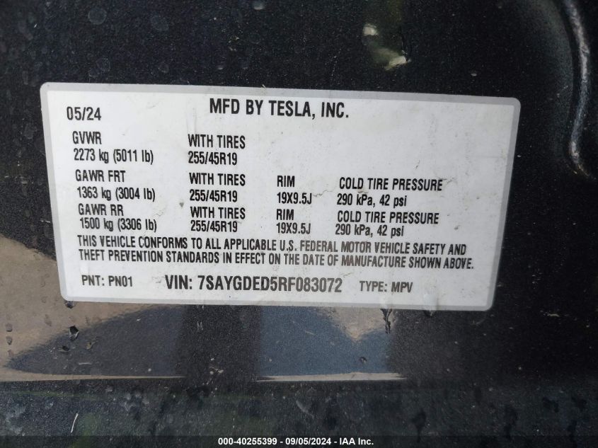 2024 Tesla Model Y Long Range Dual Motor All-Wheel Drive/Rwd VIN: 7SAYGDED5RF083072 Lot: 40255399