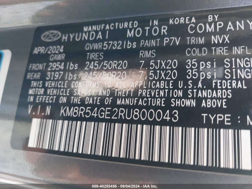 2024 Hyundai Palisade Limited VIN: KM8R54GE2RU800043 Lot: 40255456