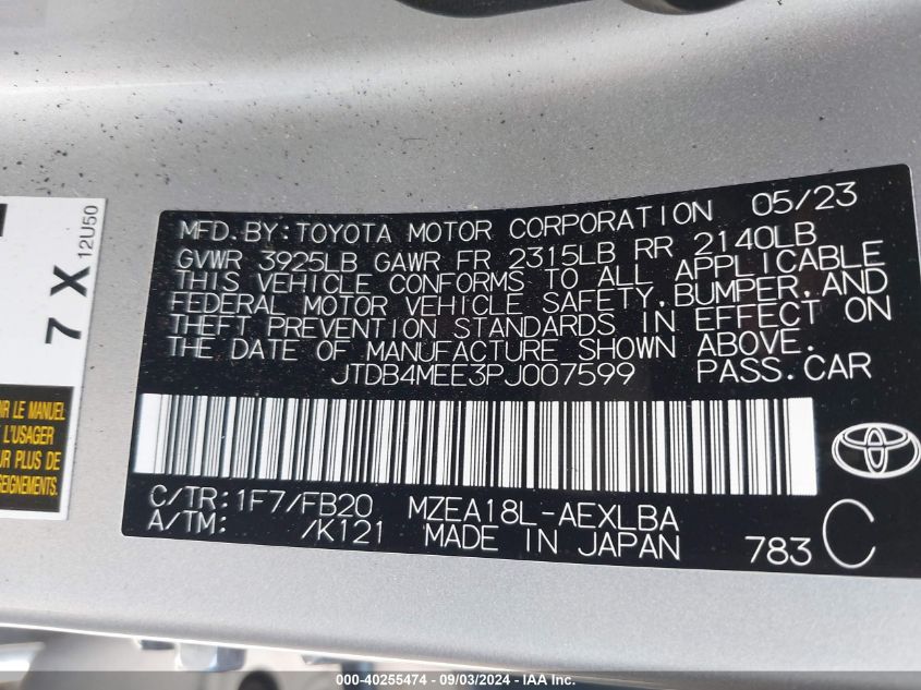 2023 Toyota Corolla Le VIN: JTDB4MEE3PJ007599 Lot: 40255474