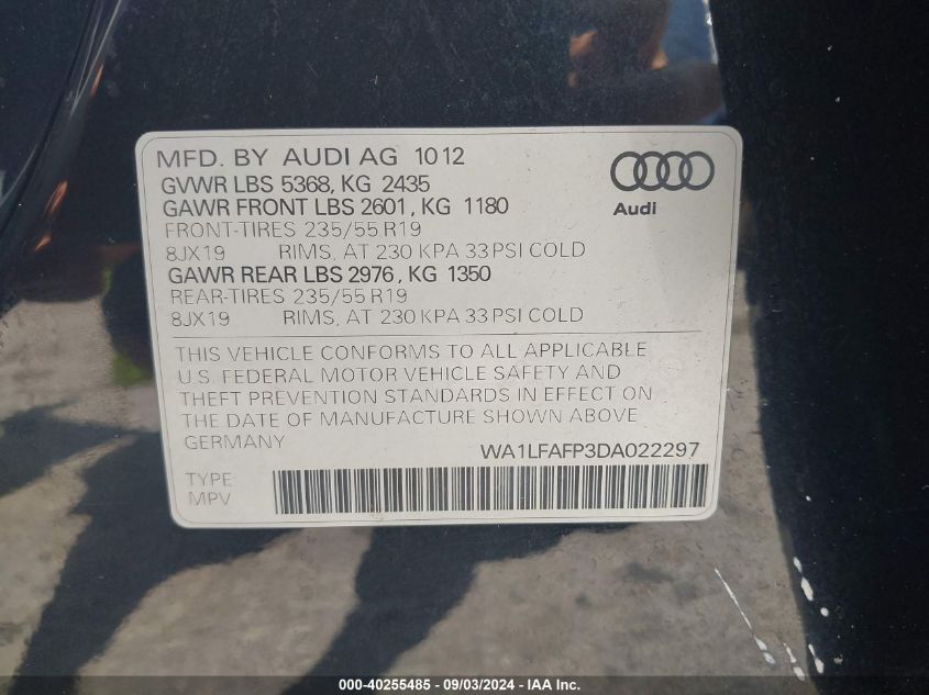 2013 Audi Q5 2.0T Premium VIN: WA1LFAFP3DA022297 Lot: 40255485