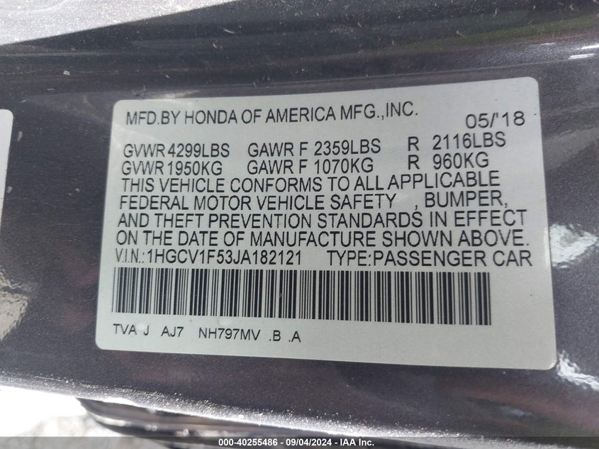 VIN 1HGCV1F53JA182121 2018 HONDA ACCORD EX-L