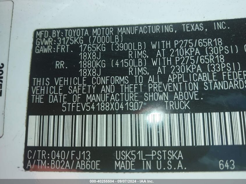 2008 Toyota Tundra Sr5 5.7L V8 VIN: 5TFEV54188X041907 Lot: 40255504