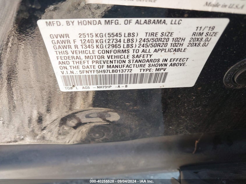 VIN 5FNYF5H97LB013772 2020 HONDA PILOT TOURING