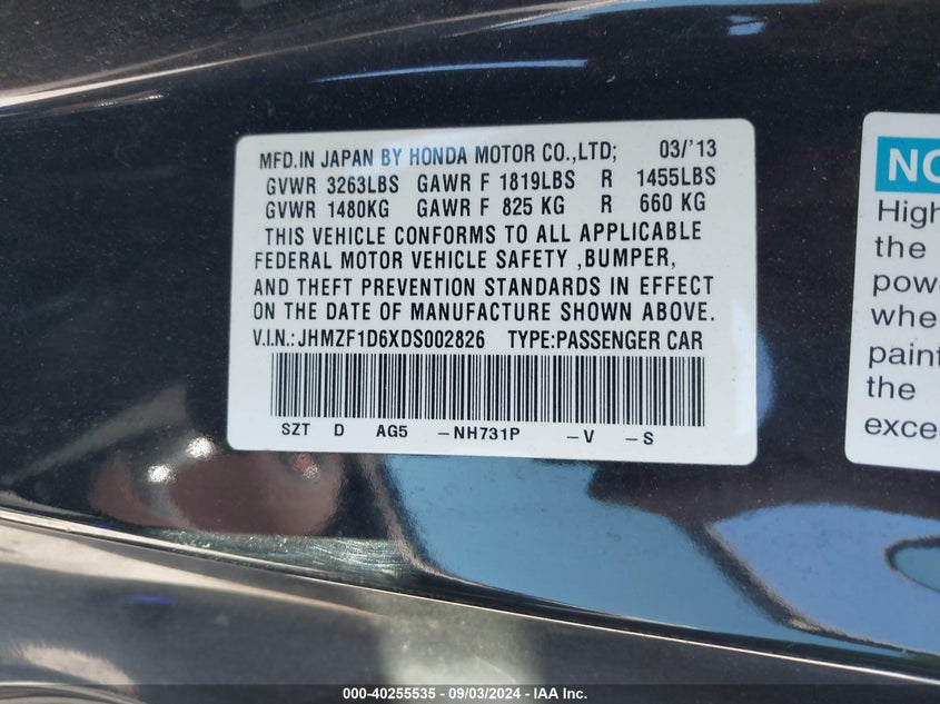 2013 HONDA CR-Z EX - JHMZF1D6XDS002826