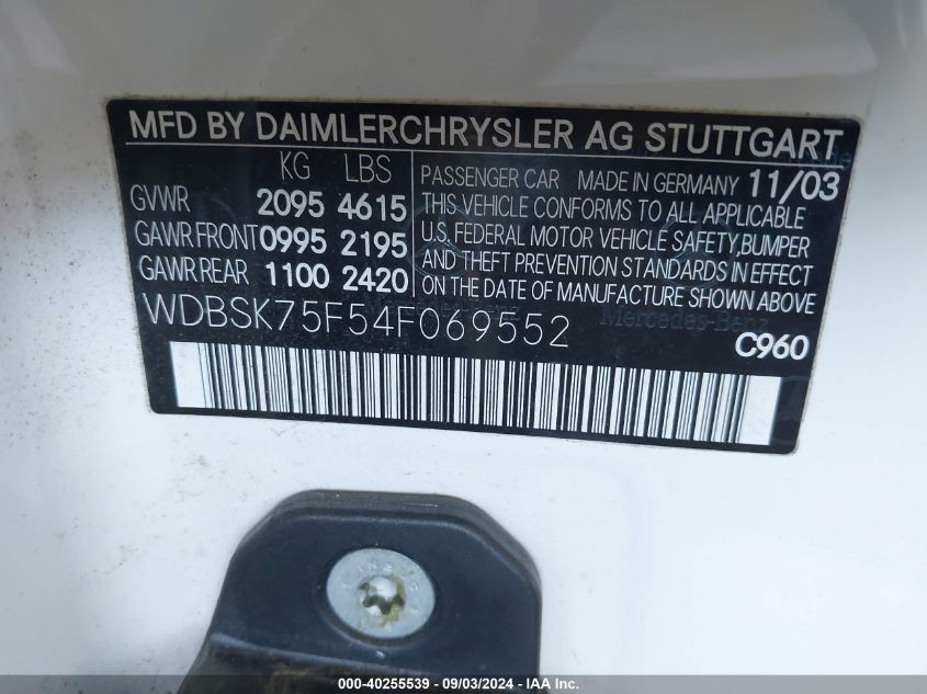 WDBSK75F54F069552 2004 Mercedes-Benz Sl 500