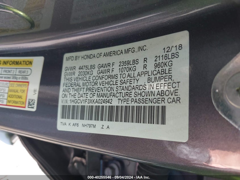 VIN 1HGCV1F3XKA024942 2019 HONDA ACCORD SPORT