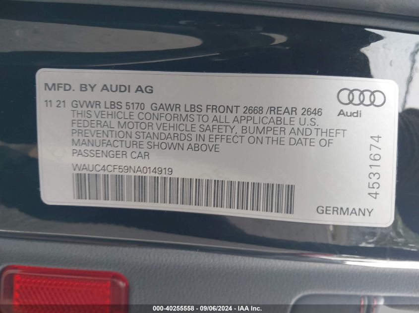 WAUC4CF59NA014919 2022 Audi S5 Sportback Premium Plus Tfsi Quattro Tiptronic