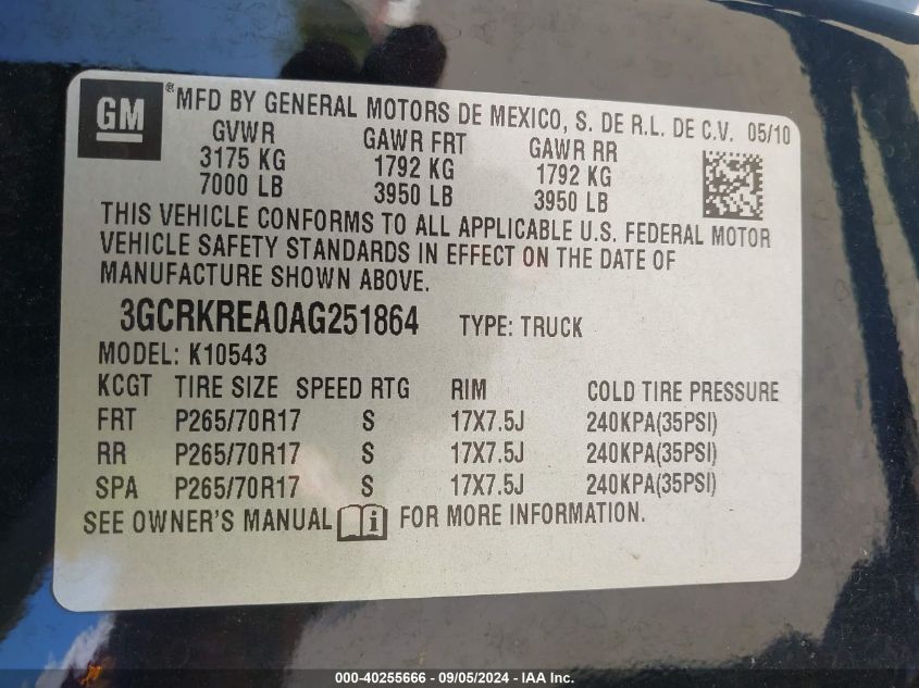 3GCRKREA0AG251864 2010 Chevrolet Silverado 1500 Ls