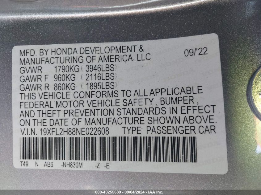 2022 Honda Civic Sport VIN: 19XFL2H88NE022608 Lot: 40255689