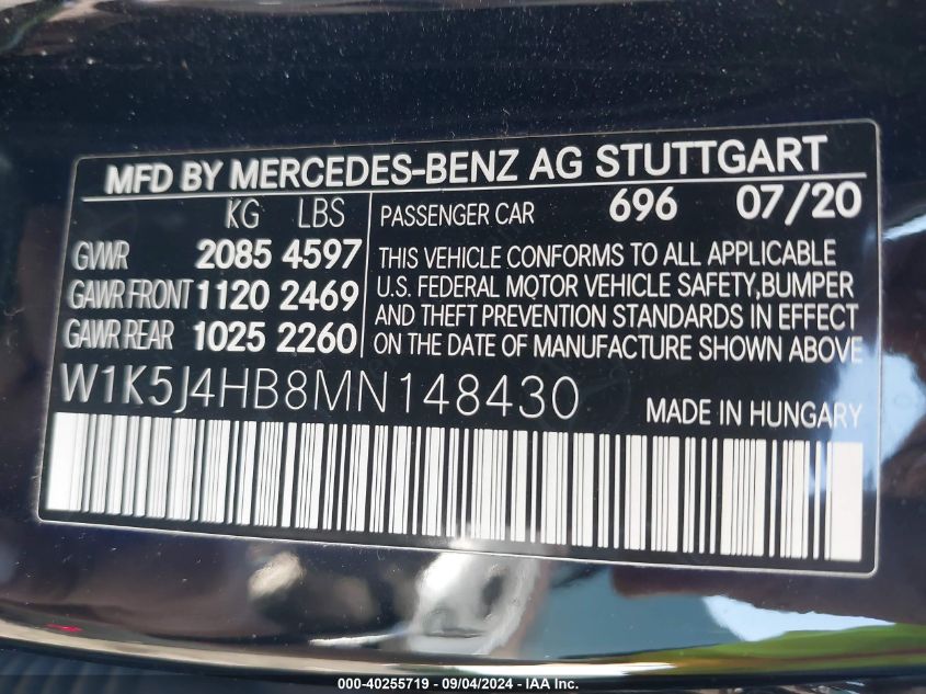 W1K5J4HB8MN148430 2021 Mercedes-Benz Cla 250 4Matic