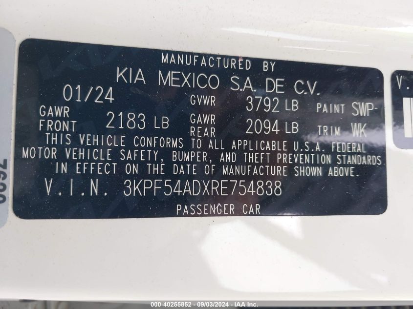 2024 Kia Forte Gt-Line VIN: 3KPF54ADXRE754838 Lot: 40255852