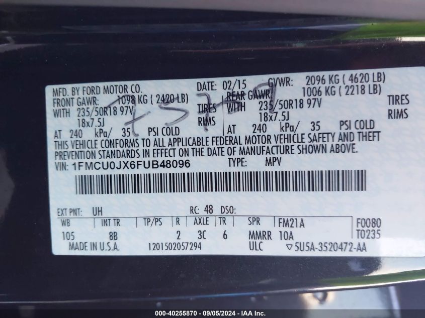 1FMCU0JX6FUB48096 2015 Ford Escape Titanium