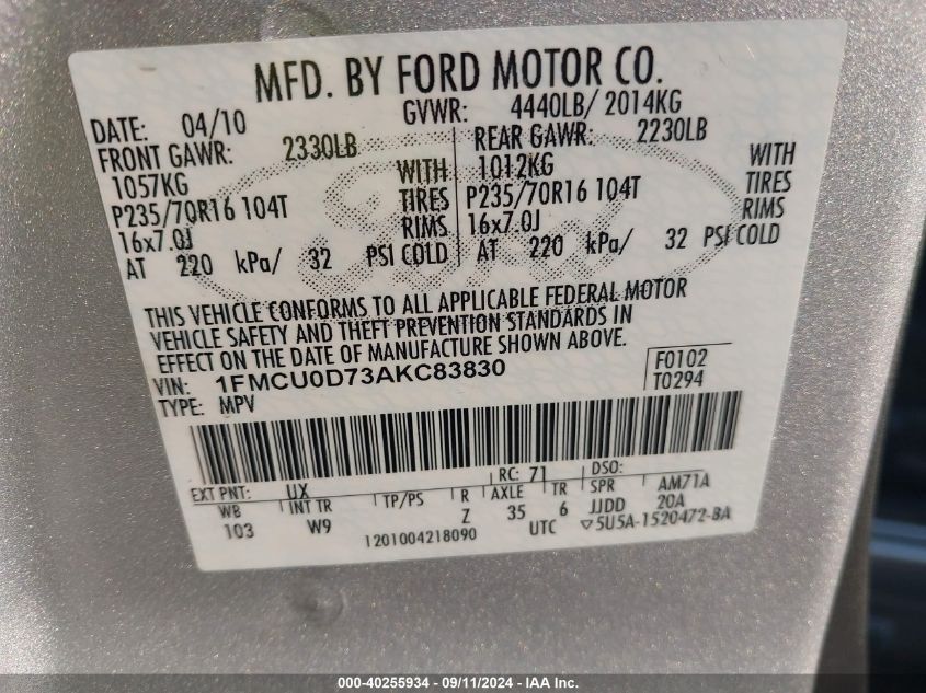 1FMCU0D73AKC83830 2010 Ford Escape Xlt