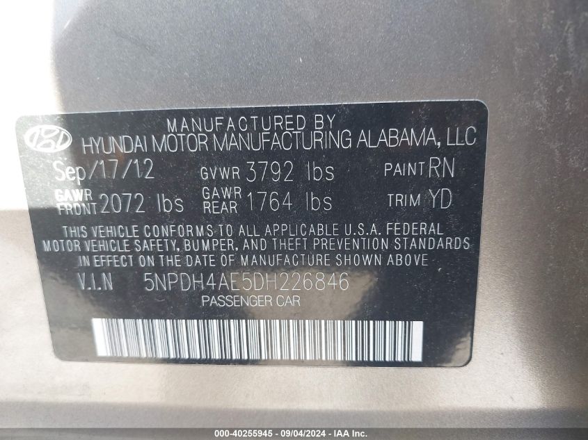5NPDH4AE5DH226846 2013 Hyundai Elantra Gls